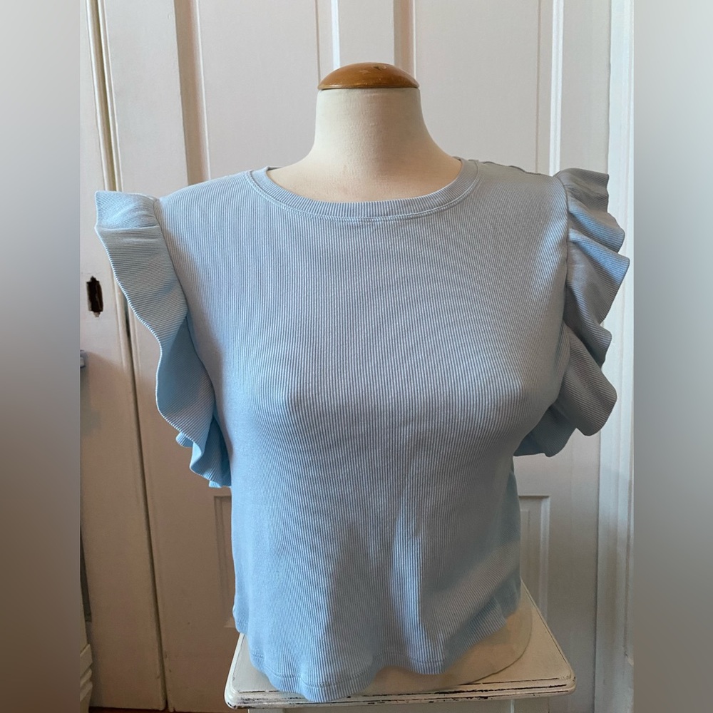 3 for 15! Zara Light Blue ruffled shoulder stretchy T-shirt cotton blouse.